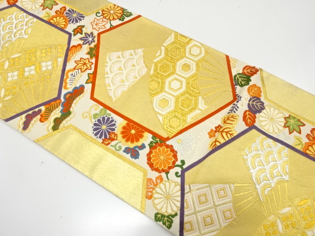 JAPANESE KIMONO / ANTIQUE FUKURO OBI / SILK / WOVEN KIKKO & FOLDING FAN & FLOWERS & CLASSICAL PATTERN